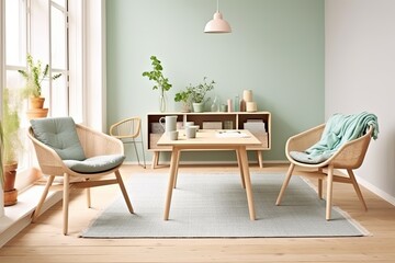 Fototapeta na wymiar Natural Fiber Rugs and Textiles Harmony: Scandinavian Home Decor with Mint Green Armchairs and Wooden Table