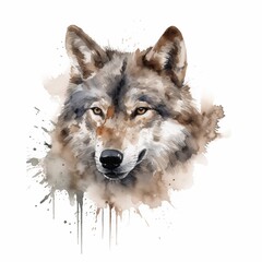 Wolf face or head portrait. Watercolor Wild grey wolf animal icon isolated on white background.