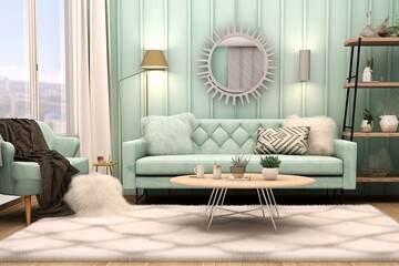 Scandinavian Chic: Mint Green Sofa and Faux Fur Accents in Geometric Wallpaper Living Room