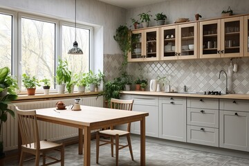 Scandinavian Kitchen: Green Plant Decor & Intricate Tilework Patterns with Pendant Lights