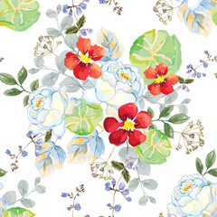 Rose, red nasturtium flowers, green leaves, white background. Floral illustration. Vector seamless pattern. Botanical design. Nature garden plants. Summer bouquets