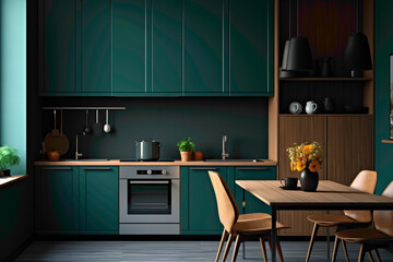 A compact, vibrant kitchen with a dominant teal color scheme and minimalist furnishings, radiating simplicity and modernity.