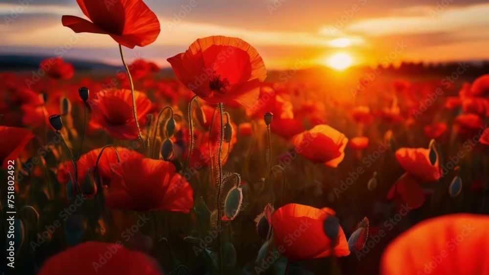 Aufkleber beautiful field of red poppies with the sun setting in the background. perfect for nature and landsc