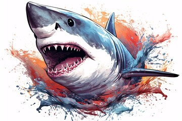 a shark with sharp teeth and splashes of water - obrazy, fototapety, plakaty