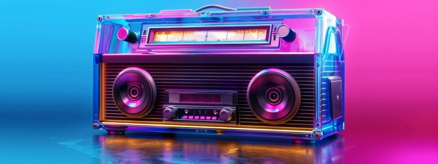 Retro outdated portable stereo boombox radio cassette recorder in fluorescent neon style. Radio and tape cassette player. Retro music poster. 80s and 90s funky colorful design. Memphis music party