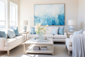 Sunlit elegance in a contemporary living room featuring oceanic blues and crisp whites, with coral accents adding a touch of summer charm to the sophisticated coastal retreat