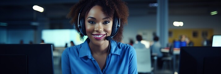 A smiling African-American woman with headphones and a microphone in a call center, banner