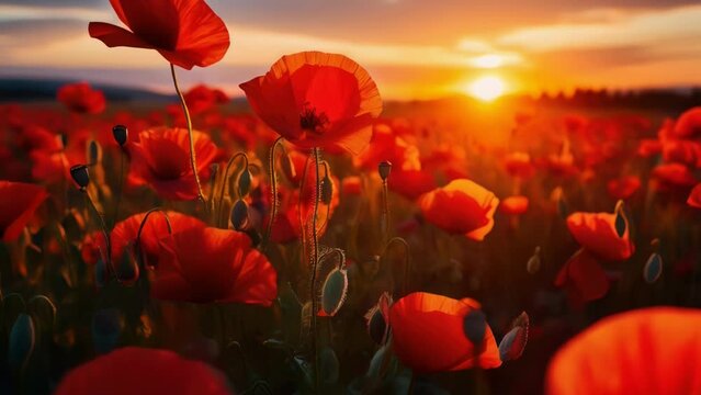 Beautiful field of red poppies with the sun setting in the background. Perfect for nature and landscape designs.