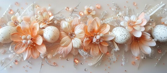 *Short Description:**
This is a decorative floral arrangement featuring peach and white flowers with pearls, feathers, and speckled eggs