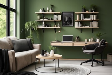 Scandinavian Style Home: Clutter-Free Desk, Round Coffee Table, and Green Wall Inspiration