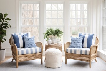 Coastal Blue and White: Scandinavian Sunroom with Rattan Chairs