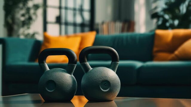 Two kettle weights on a table. Suitable for fitness and exercise concepts.