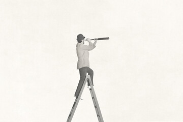 Illustration of man on top of stair looking the future with telescope, black and white business success concept - 751803232