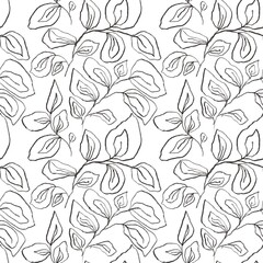 Seamless abstract botanical pattern. Simple background with black, white texture. Digital brush strokes. Leaves. Design for textile fabrics, wrapping paper, background, wallpaper, cover.