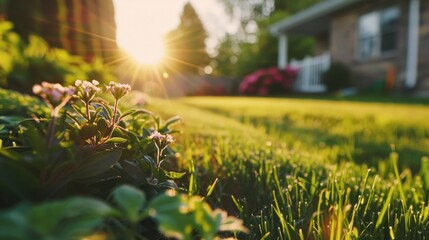 Perfectly manicured lawn and flowerbed with bushes in the sun - obrazy, fototapety, plakaty