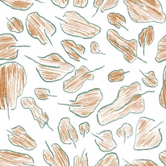 Seamless abstract botanical pattern. Simple background in green, brown, white. Leaves. Digital pencil texture. Design for textile fabrics, wrapping paper, background, wallpaper, cover.
