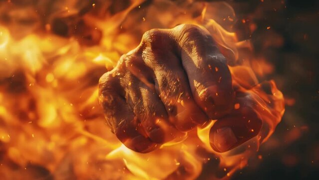 A close-up of a person's fist with fire in the background. Suitable for concepts of power and determination.