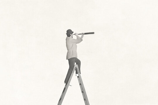 Illustration of man on top of stair looking the future with telescope, black and white business success concept