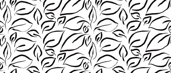 Seamless abstract botanical pattern. Simple background with black, white texture. Digital brush strokes. Leaves. Design for textile fabrics, wrapping paper, background, wallpaper, cover.