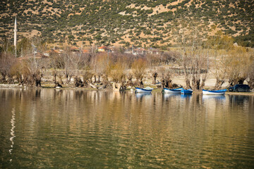 Decorated day-trip boats in Işıklı Lake in Denizli's Çivril district. Isıkli Lake is flooded with visitors during lotus time. It is also a popular lake for hunters.