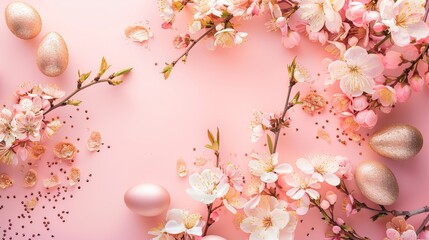 A flat lay of cherry blossoms and decorative eggs on a pink background