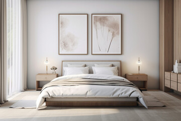 Tranquil minimalism in a bedroom, an empty frame serving as a focal point against a backdrop of soothing, muted tones.