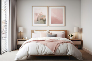 Fototapeta na wymiar Tranquil simplicity in a bedroom with a blank white frame on a wall adorned with soft, pastel-hued artwork.