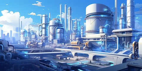 A modern clean and organized DX age production factory. Online and computerized. DX industry 4.0 concept.