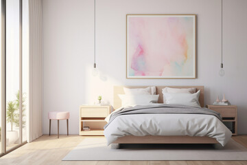 Tranquil simplicity in a bedroom with a blank white frame on a wall adorned with soft, pastel-hued...