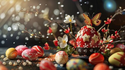 An Easter-themed still life with decorated eggs and a butterfly