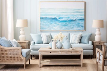 Fototapeta na wymiar Coastal Blue Serenity: Simple and Functional Furniture in a Sea-inspired Room