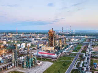 Sunset aerial view of an oil refinery.