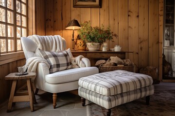 Cozy Farmhouse Charm: Simple Furniture, Functional Cushioned Seats, and Soft Textiles