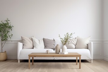 Scandinavian Living Room: Simple and Functional White Sofa with Wooden Table Design