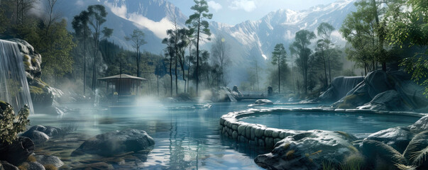 hot springs in the mountains relaxation and relaxation for body and soul - obrazy, fototapety, plakaty