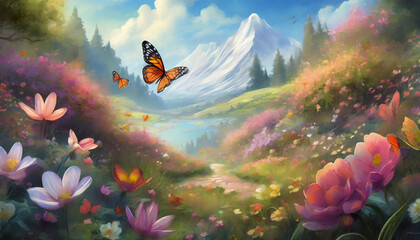 Abstract oil painting of beautiful landscape and flying butterflies around blooming flowers.