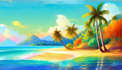 Fototapeta na wymiar Oil painting on tropical landscape with sandy beach, mountains, palm trees and blue ocean. Paradise island.
