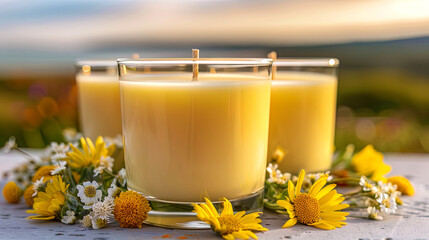 Obraz na płótnie Canvas Aromatic candles and body oils decorated with flowers and petals against the background of a roma