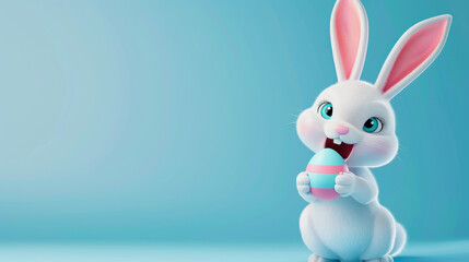 ai generative illustration of a white funny easter bunny holding an egg against blue background with copyspace