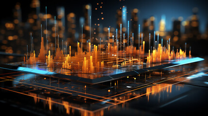 Financial background unites histogram against the background of the night city on the topic of network and trade chart