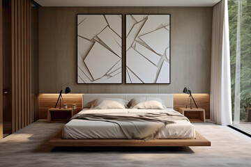 A contemporary bedroom design with an empty frame standing out against a wall dressed in minimalist, geometric patterns.