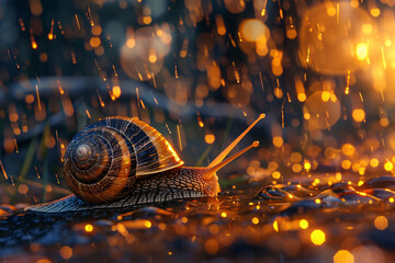 a snail in the rain - obrazy, fototapety, plakaty