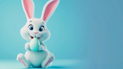 ai generative illustration of a white funny easter bunny holding an egg against blue background with copyspace