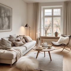 Timeless beauty in a Scandinavian living room with a neutral color scheme and carefully curated decor.