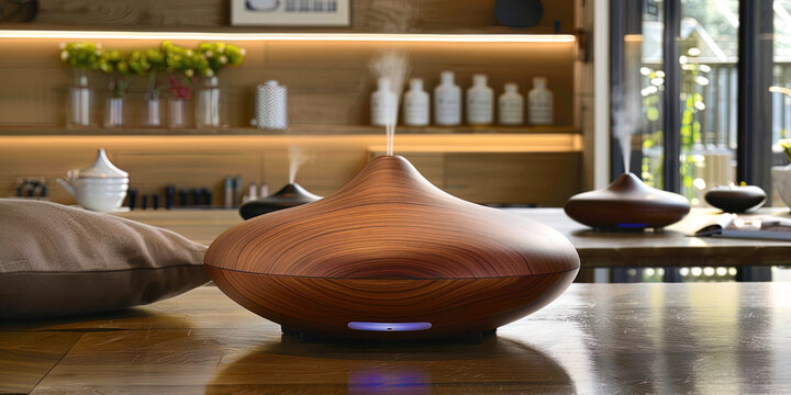 Aromatic diffusers and aromatizers for the house, located against the background of a cozy livi
