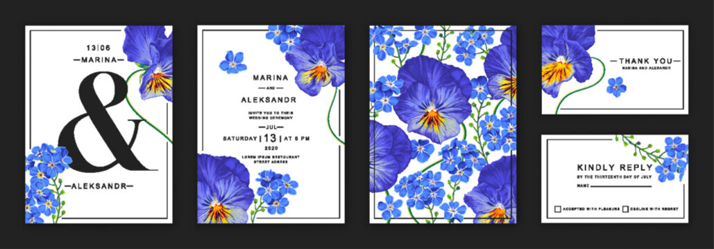 Floral design of wedding invitation template, blue forget-me-not flowers and yellow blue pansies eyes, viola. Template design with very detailed, vector, realistic, spring flowers. Save the Date 