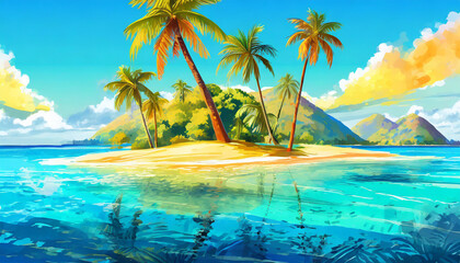 Oil painting on tropical landscape with sandy beach, mountains, palm trees and blue ocean. Paradise island.