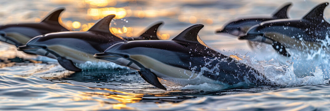A flock of dolphins frolicing at sunset