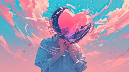 A surreal illustration of a person holding a glowing heart exploding with vibrant colors