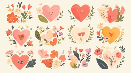 The image shows a charming collection of heart illustrations surrounded by various flowers and...